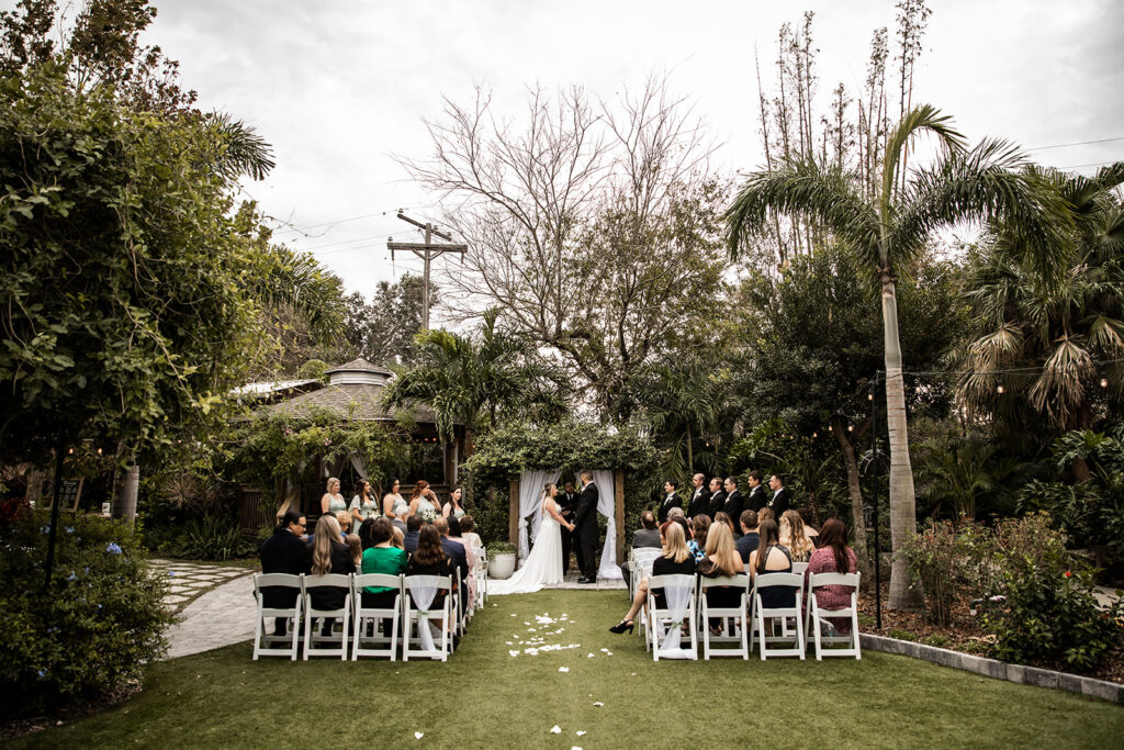 A wedding ceremony on the lawn at Rockledge Gardens