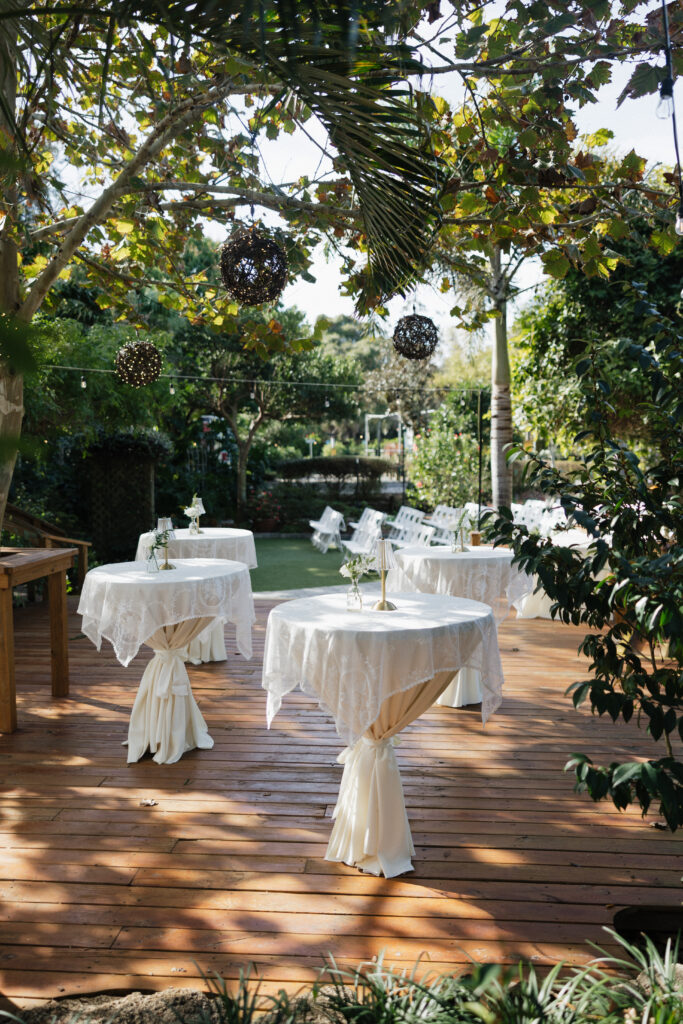 A wedding reception under the pavilion at Rockledge Gardens