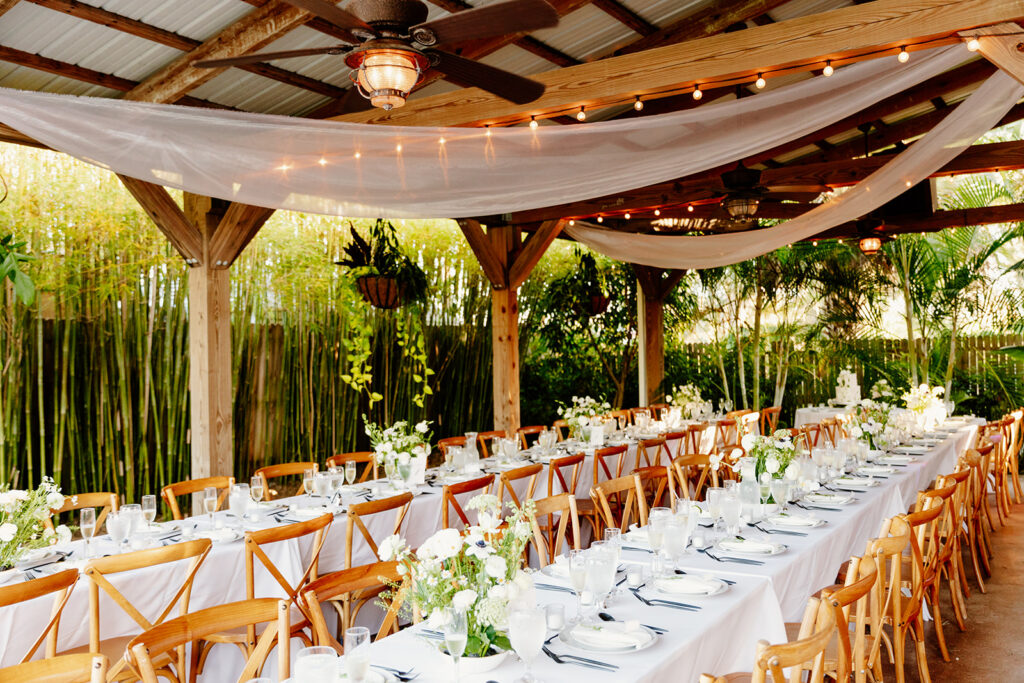 A wedding reception under the pavilion at Rockledge Gardens